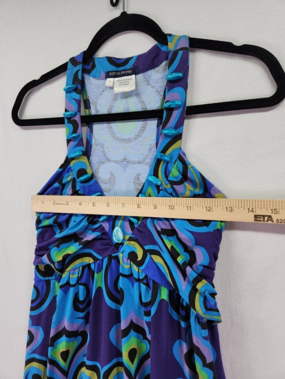 Boston Proper Size XS Blue Paisley Beaded V-Neck Empire Waist Boho Maxi Dress - Picture 4 of 14